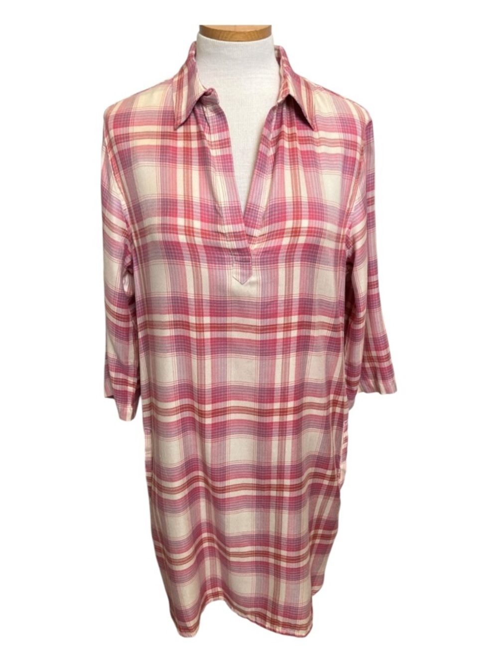 Elan Plaid Shirt Dress Medium Pink Roll Tab Sleeve Pocket Tunic Coastal Vacation - Picture 2 of 10